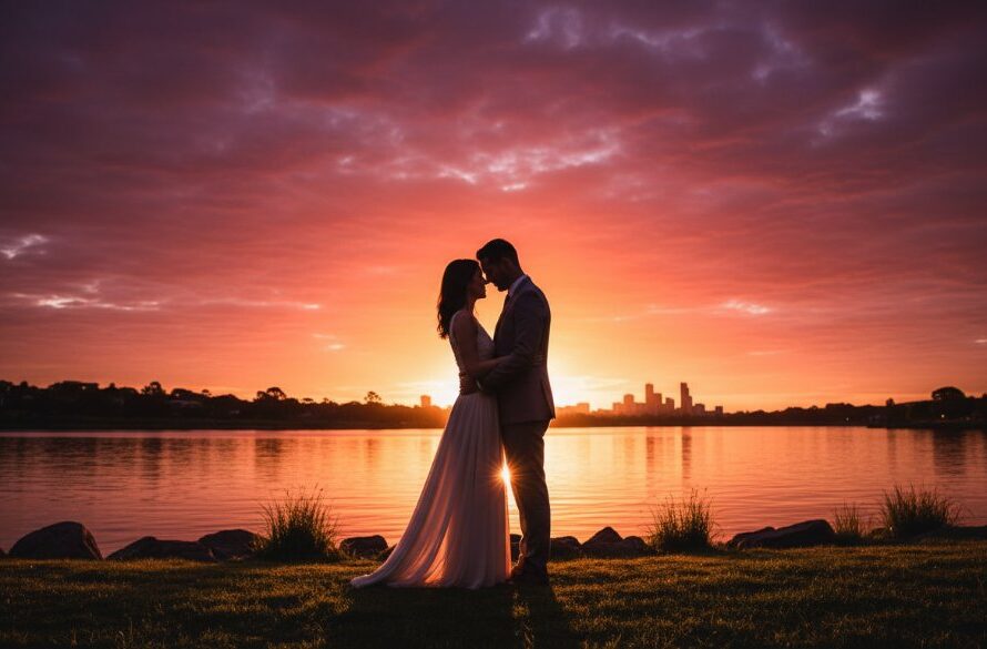An epic, dramatically lit photograph of a couple embracing at sunset along the Barwon River, showcasing timeless Belmont pre-wedding photography capturing genuine love stories with the Geelong skyline in the background, professionally colour graded.