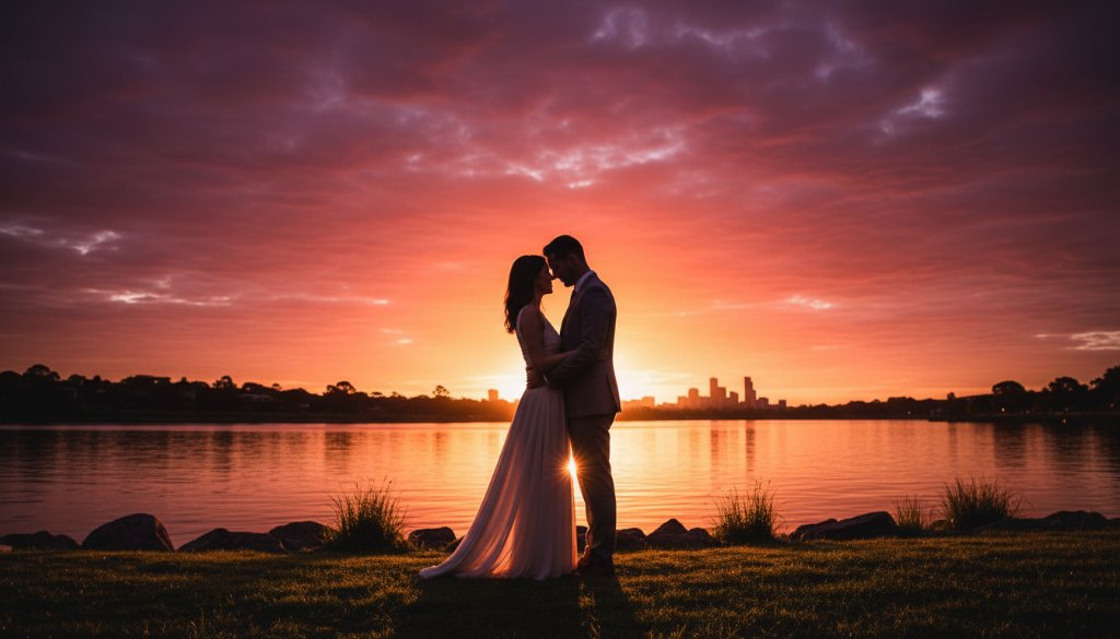 An epic, dramatically lit photograph of a couple embracing at sunset along the Barwon River, showcasing timeless Belmont pre-wedding photography capturing genuine love stories with the Geelong skyline in the background, professionally colour graded.
