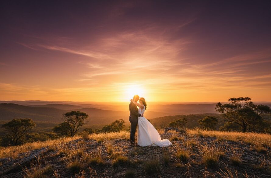 A beautifully composed, cinematic shot capturing a newly married couple embracing at sunset in the rustic, rolling hills of Black Hill, Victoria, showcasing timeless Black Hill wedding photography Victoria.