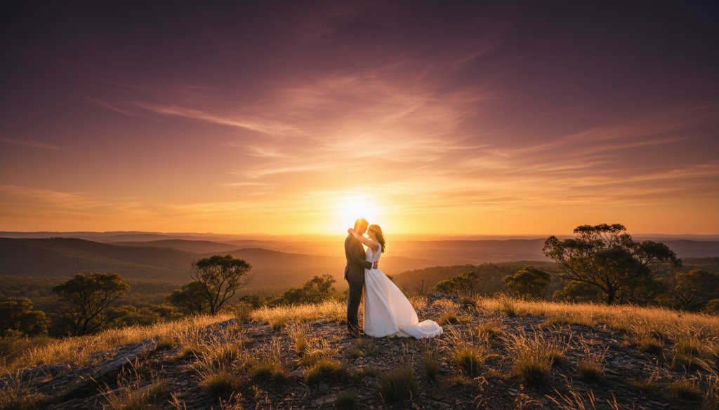 A beautifully composed, cinematic shot capturing a newly married couple embracing at sunset in the rustic, rolling hills of Black Hill, Victoria, showcasing timeless Black Hill wedding photography Victoria.