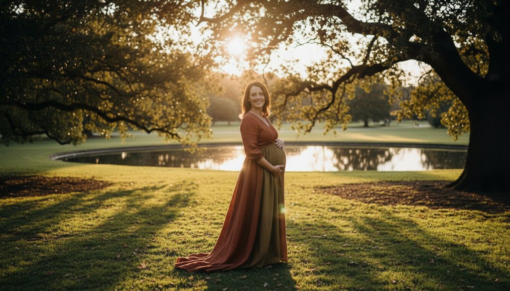 A radiant expectant mother in a flowing gown at dusk, standing gracefully amidst the lush parklands of Box Hill, Victoria, capturing a timeless Box Hill maternity photoshoot experience with dramatic cinematic lighting.