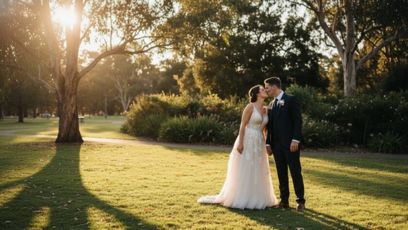 A newlywed couple shares a dramatic, intimate kiss against the soft, golden hour light filtering through mature gum trees in a Box Hill North park, embodying timeless Box Hill North wedding photography moments. The photographer captures their epic moment from a low angle, emphasizing the sweeping grandeur of the natural setting.