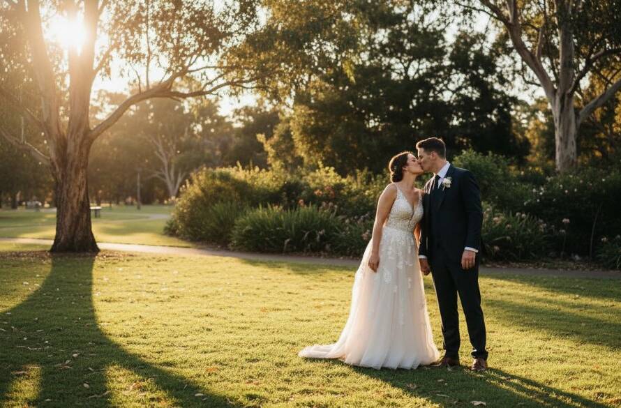 A newlywed couple shares a dramatic, intimate kiss against the soft, golden hour light filtering through mature gum trees in a Box Hill North park, embodying timeless Box Hill North wedding photography moments. The photographer captures their epic moment from a low angle, emphasizing the sweeping grandeur of the natural setting.