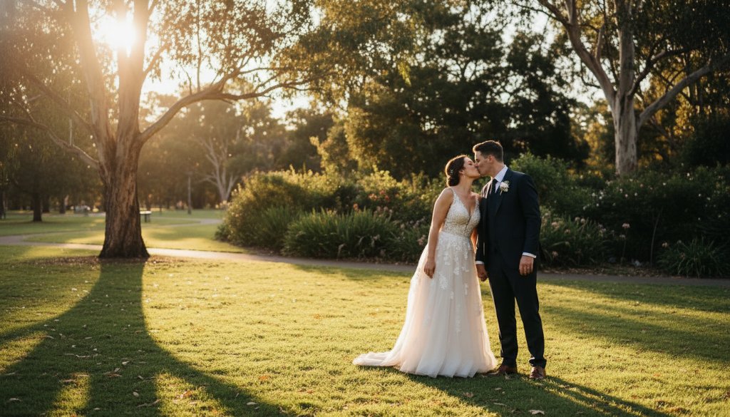 A newlywed couple shares a dramatic, intimate kiss against the soft, golden hour light filtering through mature gum trees in a Box Hill North park, embodying timeless Box Hill North wedding photography moments. The photographer captures their epic moment from a low angle, emphasizing the sweeping grandeur of the natural setting.