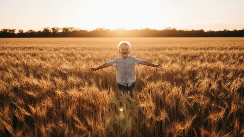 A stunning, sun-drenched photograph capturing a child's joyful laughter while running through a golden field near Kilmore, embodying timeless candid kids photography Kilmore Victoria adventures.