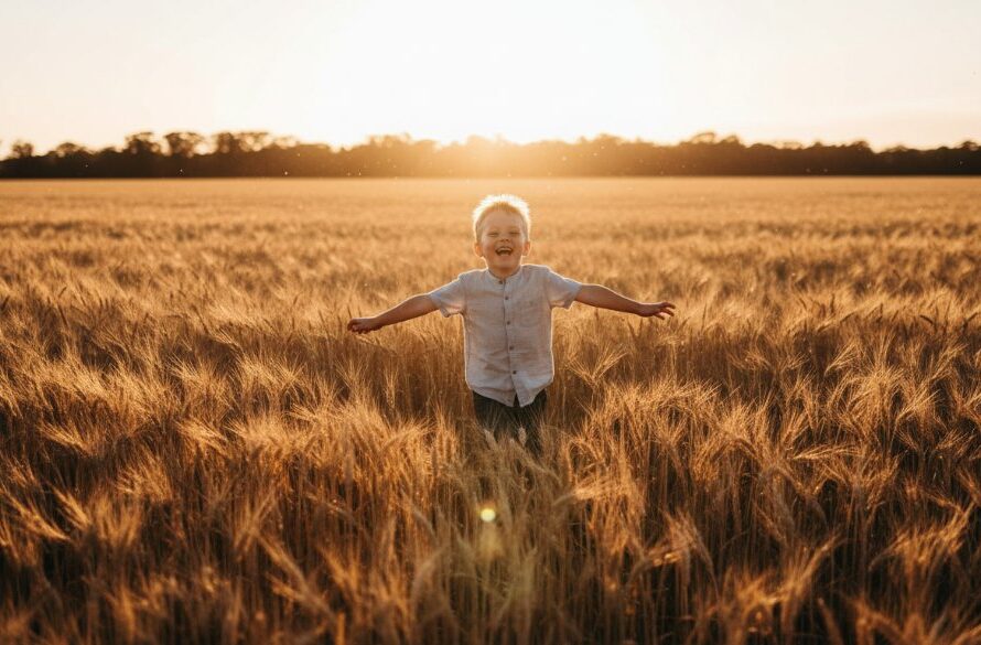 A stunning, sun-drenched photograph capturing a child's joyful laughter while running through a golden field near Kilmore, embodying timeless candid kids photography Kilmore Victoria adventures.