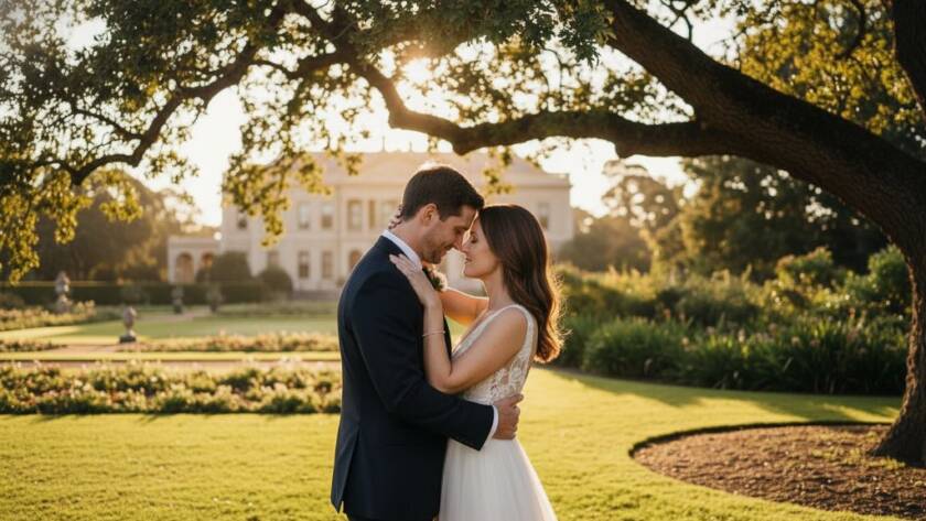 A dramatically lit, candid photograph of a newly married couple embracing lovingly under a grand tree at sunset in a Hoppers Crossing park, beautifully showcasing timeless candid wedding photography Hoppers Crossing.