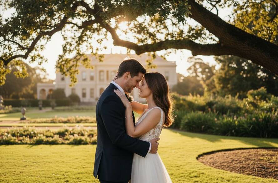 A dramatically lit, candid photograph of a newly married couple embracing lovingly under a grand tree at sunset in a Hoppers Crossing park, beautifully showcasing timeless candid wedding photography Hoppers Crossing.