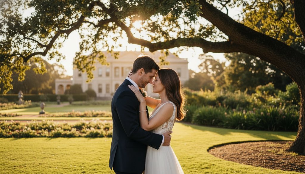 A dramatically lit, candid photograph of a newly married couple embracing lovingly under a grand tree at sunset in a Hoppers Crossing park, beautifully showcasing timeless candid wedding photography Hoppers Crossing.