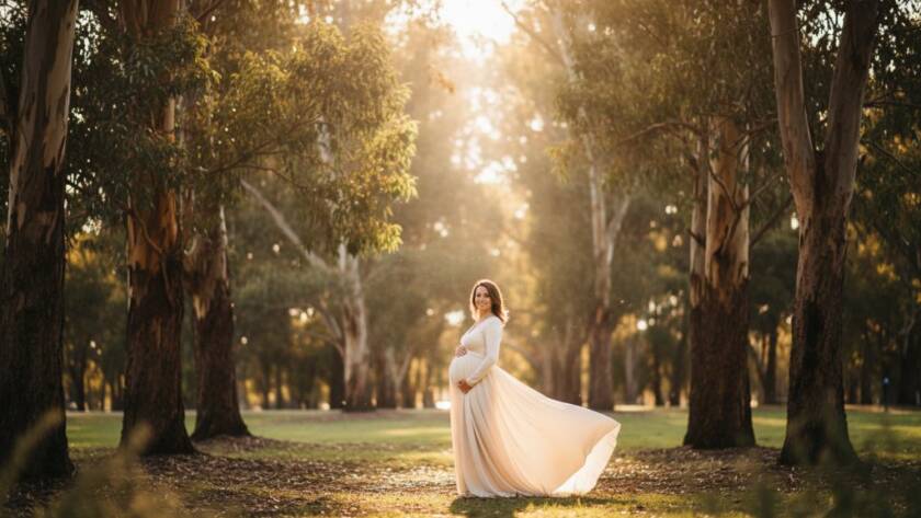 A radiant mother-to-be, elegantly posed at sunset in Koornang Park, Carnegie, her silhouette gently outlined by golden light, capturing the essence of a timeless Carnegie maternity photography experience, professionally composed and colour-graded.