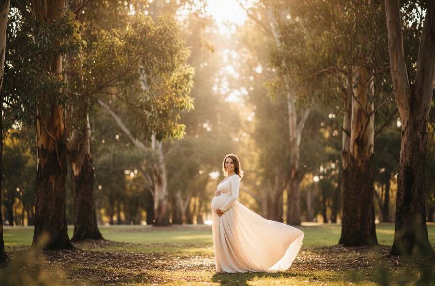 A radiant mother-to-be, elegantly posed at sunset in Koornang Park, Carnegie, her silhouette gently outlined by golden light, capturing the essence of a timeless Carnegie maternity photography experience, professionally composed and colour-graded.
