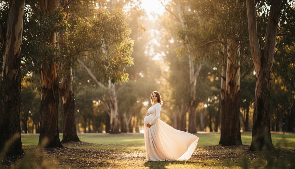 A radiant mother-to-be, elegantly posed at sunset in Koornang Park, Carnegie, her silhouette gently outlined by golden light, capturing the essence of a timeless Carnegie maternity photography experience, professionally composed and colour-graded.