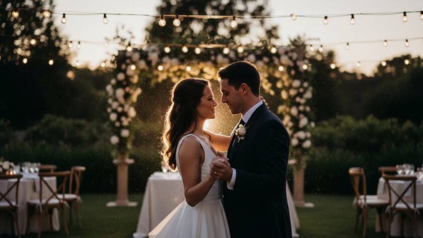 An emotionally charged, cinematic wide shot capturing a newlywed couple's first dance under twinkling lights at a reception venue, showcasing timeless Caroline Springs wedding photography with dramatic lighting and vibrant colour grading.