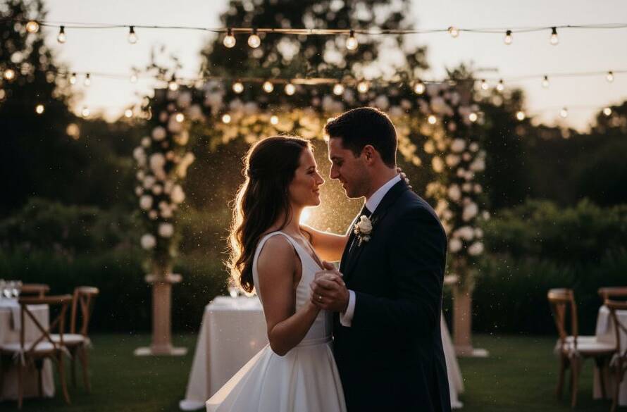 An emotionally charged, cinematic wide shot capturing a newlywed couple's first dance under twinkling lights at a reception venue, showcasing timeless Caroline Springs wedding photography with dramatic lighting and vibrant colour grading.