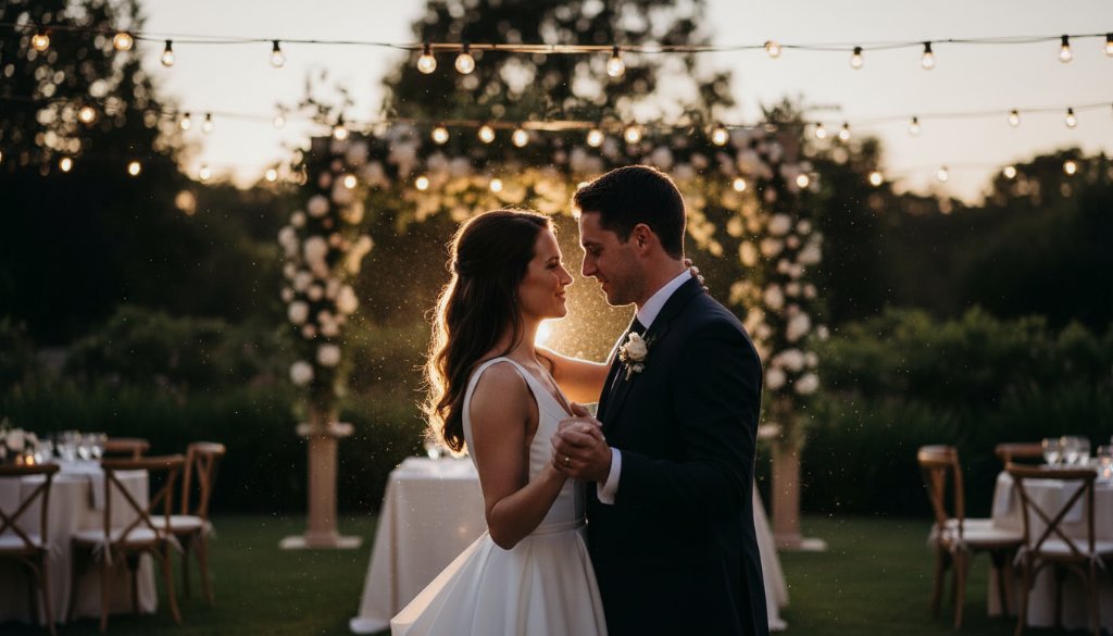 An emotionally charged, cinematic wide shot capturing a newlywed couple's first dance under twinkling lights at a reception venue, showcasing timeless Caroline Springs wedding photography with dramatic lighting and vibrant colour grading.