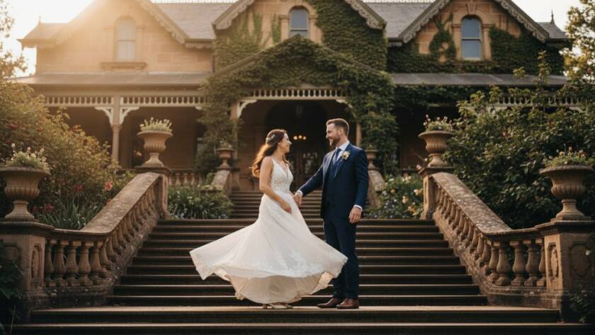 A stunning, wide-angle photograph capturing a newlywed couple's joyful embrace during their timeless Caulfield Mansion wedding photography Victoria. They stand bathed in soft, golden hour light on the grand steps of a historic Caulfield mansion, with lush garden foliage in the background, exuding elegance and heartfelt emotion.