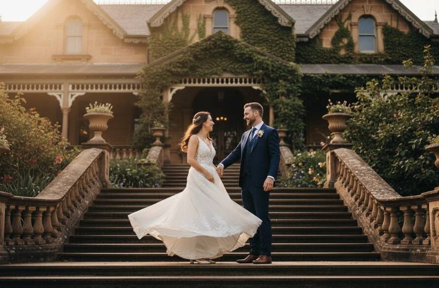 A stunning, wide-angle photograph capturing a newlywed couple's joyful embrace during their timeless Caulfield Mansion wedding photography Victoria. They stand bathed in soft, golden hour light on the grand steps of a historic Caulfield mansion, with lush garden foliage in the background, exuding elegance and heartfelt emotion.