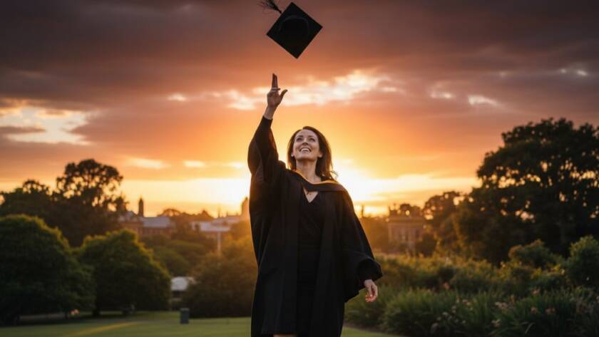 A joyous university graduate in their cap and gown, framed by the lush, sun-drenched gardens of Caulfield South, celebrating their achievement with a wide smile and a diploma held high, captured during their timeless Caulfield South graduation photography session.