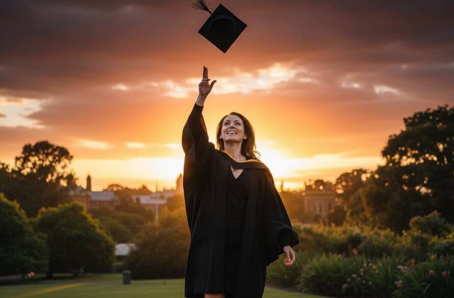 A joyous university graduate in their cap and gown, framed by the lush, sun-drenched gardens of Caulfield South, celebrating their achievement with a wide smile and a diploma held high, captured during their timeless Caulfield South graduation photography session.
