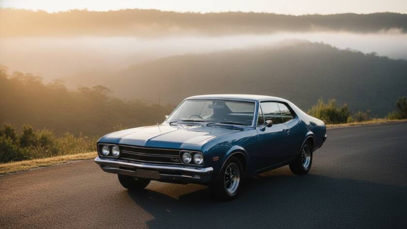 A stunning, low-angle shot of a meticulously restored vintage Ford Mustang parked at sunset on a winding road near the Upper Ferntree Gully lookout, with the Dandenong Ranges in the background, showcasing timeless classic car photography Upper Ferntree Gully with dramatic golden hour lighting.