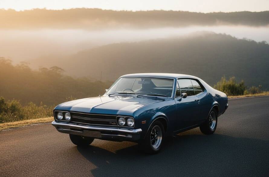 A stunning, low-angle shot of a meticulously restored vintage Ford Mustang parked at sunset on a winding road near the Upper Ferntree Gully lookout, with the Dandenong Ranges in the background, showcasing timeless classic car photography Upper Ferntree Gully with dramatic golden hour lighting.