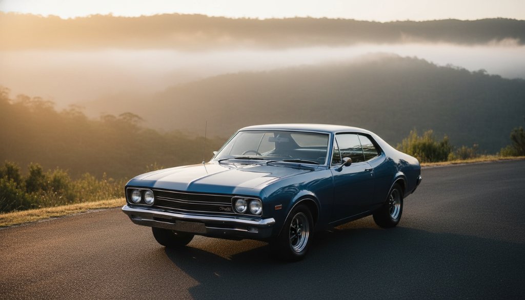 A stunning, low-angle shot of a meticulously restored vintage Ford Mustang parked at sunset on a winding road near the Upper Ferntree Gully lookout, with the Dandenong Ranges in the background, showcasing timeless classic car photography Upper Ferntree Gully with dramatic golden hour lighting.