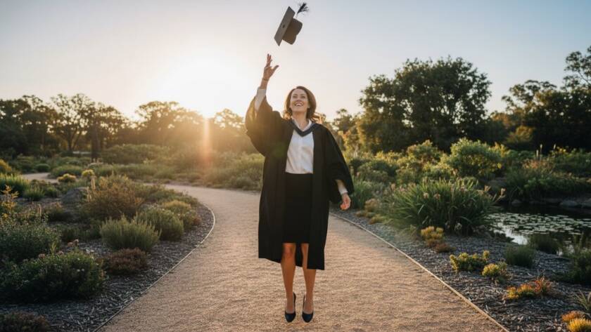 A joyous graduate in cap and gown, mid-air cap throw against the backdrop of a vibrant Cranbourne park, beautifully lit by golden hour sun, showcasing timeless Cranbourne graduation photography preserving your milestone.