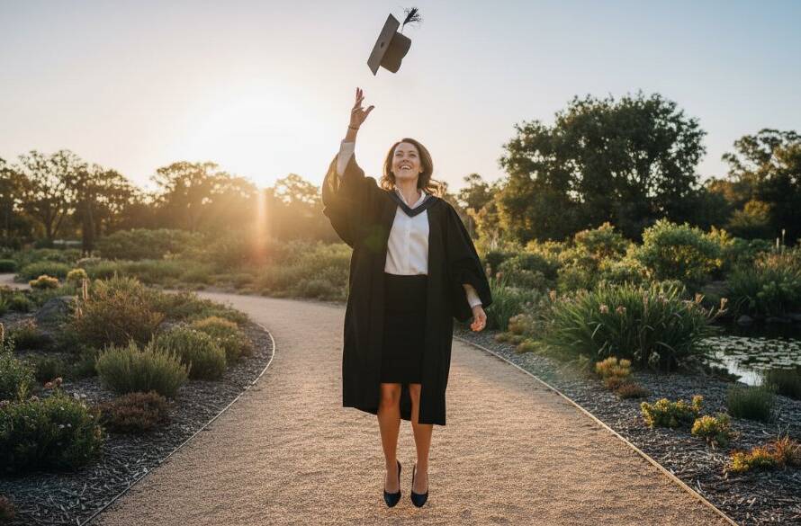 A joyous graduate in cap and gown, mid-air cap throw against the backdrop of a vibrant Cranbourne park, beautifully lit by golden hour sun, showcasing timeless Cranbourne graduation photography preserving your milestone.