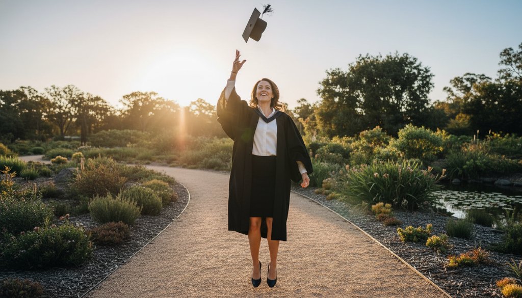A joyous graduate in cap and gown, mid-air cap throw against the backdrop of a vibrant Cranbourne park, beautifully lit by golden hour sun, showcasing timeless Cranbourne graduation photography preserving your milestone.