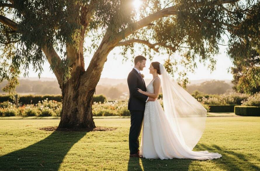 A newlywed couple shares a passionate kiss bathed in golden hour light, framed by lush greenery at a Croydon Hills estate, capturing a moment of timeless Croydon Hills wedding photography.