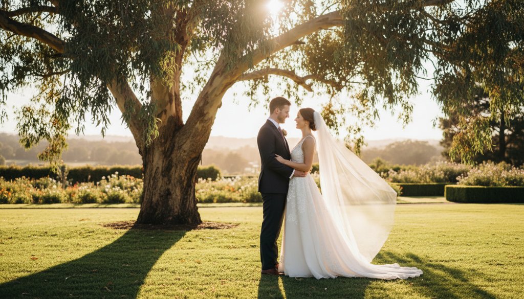 A newlywed couple shares a passionate kiss bathed in golden hour light, framed by lush greenery at a Croydon Hills estate, capturing a moment of timeless Croydon Hills wedding photography.