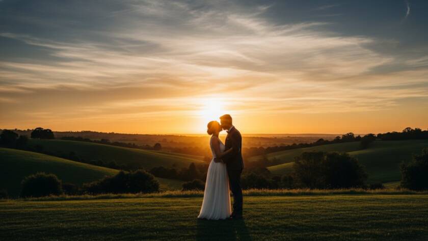 A breathtaking wide-angle shot capturing timeless Croydon North wedding photography moments, featuring a happy couple silhouetted against a dramatic sunset over a vineyard or rolling hills, bathed in golden hour light, with a warm, romantic atmosphere. Professional, color-graded cinematic photo.