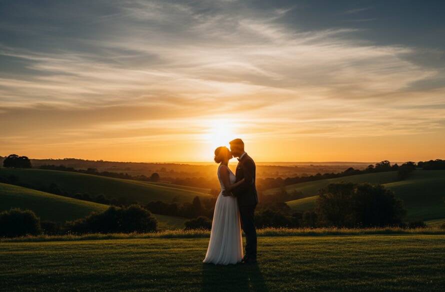 A breathtaking wide-angle shot capturing timeless Croydon North wedding photography moments, featuring a happy couple silhouetted against a dramatic sunset over a vineyard or rolling hills, bathed in golden hour light, with a warm, romantic atmosphere. Professional, color-graded cinematic photo.