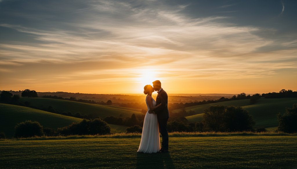 A breathtaking wide-angle shot capturing timeless Croydon North wedding photography moments, featuring a happy couple silhouetted against a dramatic sunset over a vineyard or rolling hills, bathed in golden hour light, with a warm, romantic atmosphere. Professional, color-graded cinematic photo.