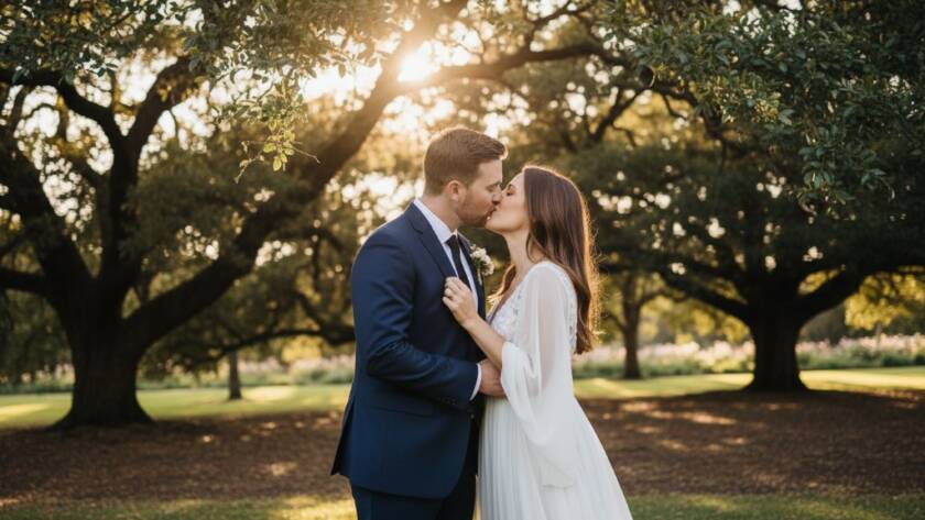 A newlywed couple shares a passionate kiss bathed in golden hour light at a beautiful vineyard in Croydon, Victoria, celebrating their timeless Croydon wedding photography capturing authentic joy, with rolling hills in the background and dramatic lens flare.