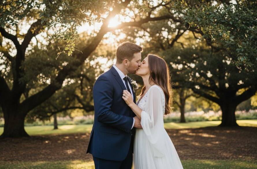 A newlywed couple shares a passionate kiss bathed in golden hour light at a beautiful vineyard in Croydon, Victoria, celebrating their timeless Croydon wedding photography capturing authentic joy, with rolling hills in the background and dramatic lens flare.