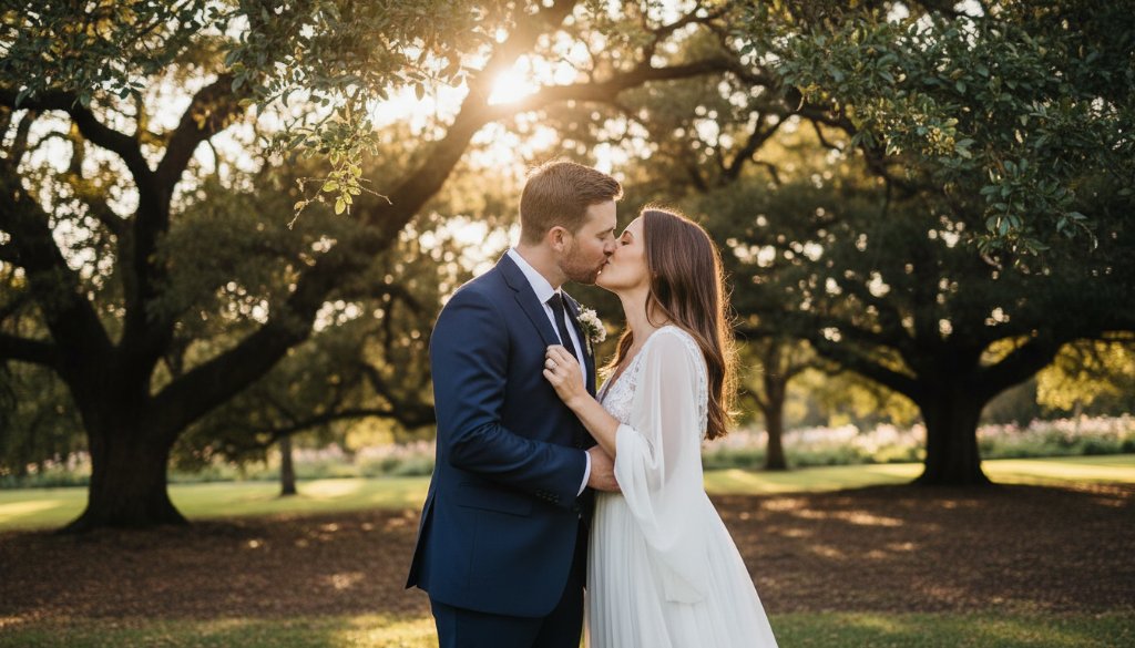 A newlywed couple shares a passionate kiss bathed in golden hour light at a beautiful vineyard in Croydon, Victoria, celebrating their timeless Croydon wedding photography capturing authentic joy, with rolling hills in the background and dramatic lens flare.