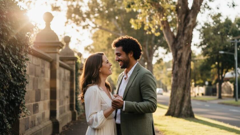 An intimate, epic moment captured in timeless Deepdene engagement photography, featuring a couple embracing warmly at sunset in a lush Deepdene park, with soft golden light highlighting their joyful expressions.