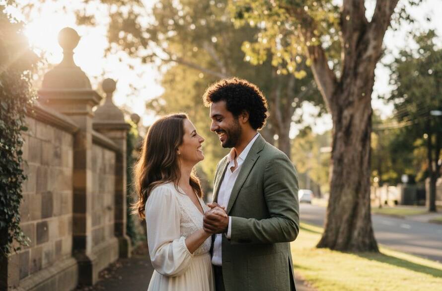 An intimate, epic moment captured in timeless Deepdene engagement photography, featuring a couple embracing warmly at sunset in a lush Deepdene park, with soft golden light highlighting their joyful expressions.