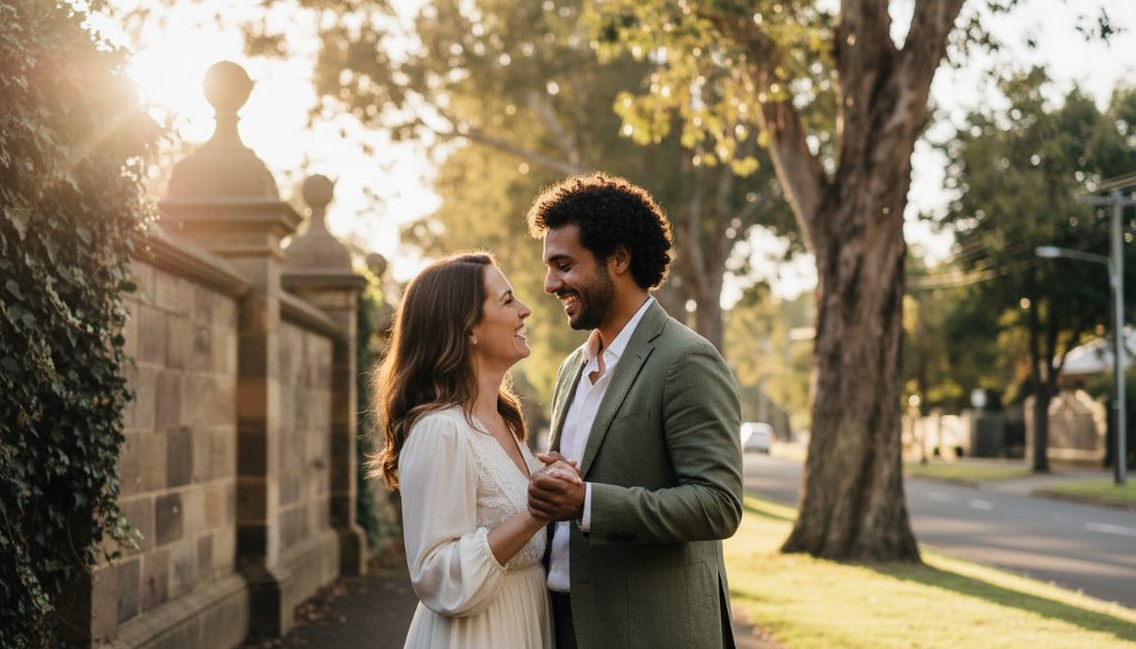 An intimate, epic moment captured in timeless Deepdene engagement photography, featuring a couple embracing warmly at sunset in a lush Deepdene park, with soft golden light highlighting their joyful expressions.