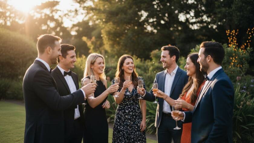 A stunning, cinematic shot from a high-energy Deepdene garden party at dusk, showcasing the vibrant atmosphere and joyful expressions of guests dancing under fairy lights, exemplifying timeless Deepdene party photography Victoria.