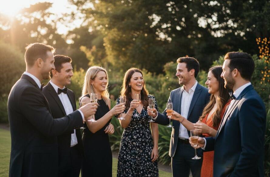 A stunning, cinematic shot from a high-energy Deepdene garden party at dusk, showcasing the vibrant atmosphere and joyful expressions of guests dancing under fairy lights, exemplifying timeless Deepdene party photography Victoria.