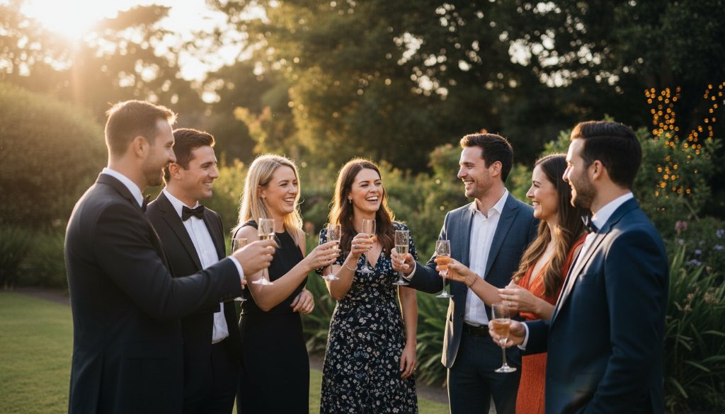 A stunning, cinematic shot from a high-energy Deepdene garden party at dusk, showcasing the vibrant atmosphere and joyful expressions of guests dancing under fairy lights, exemplifying timeless Deepdene party photography Victoria.