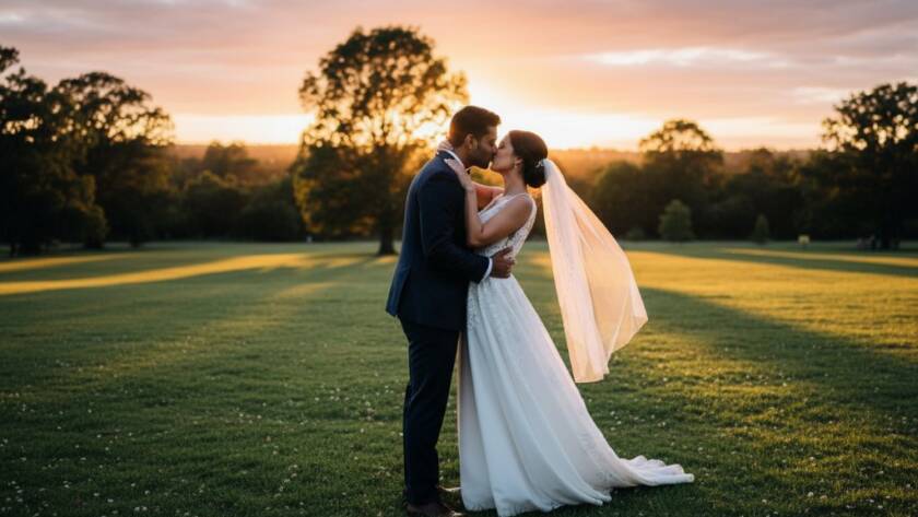 A newly married couple sharing a passionate kiss at sunset in a scenic Doncaster park, bathed in golden light, epitomizing Timeless Doncaster Wedding Photography Capturing Joy.