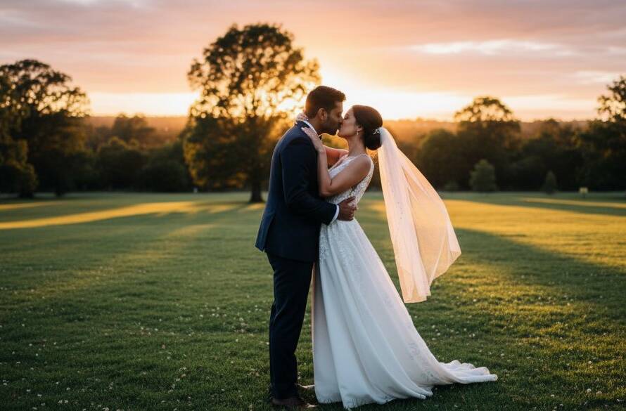 A newly married couple sharing a passionate kiss at sunset in a scenic Doncaster park, bathed in golden light, epitomizing Timeless Doncaster Wedding Photography Capturing Joy.