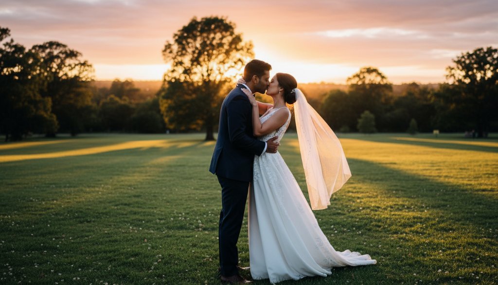 A newly married couple sharing a passionate kiss at sunset in a scenic Doncaster park, bathed in golden light, epitomizing Timeless Doncaster Wedding Photography Capturing Joy.