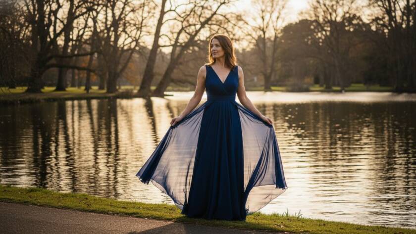 An ethereal fine art portrait of a woman standing gracefully amidst the blooming gardens of Rippon Lea Estate in Elsternwick, bathed in soft, golden hour light, representing timeless Elsternwick fine art photography portraits.