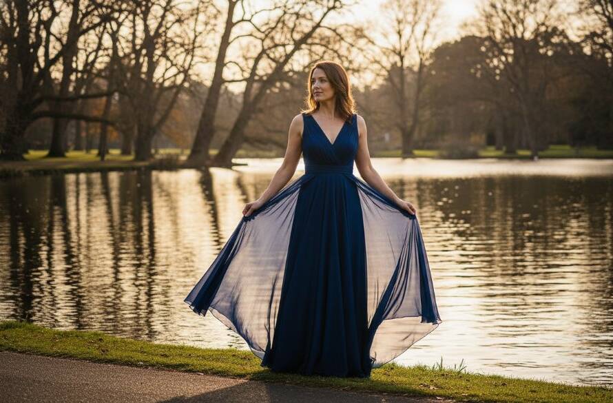 An ethereal fine art portrait of a woman standing gracefully amidst the blooming gardens of Rippon Lea Estate in Elsternwick, bathed in soft, golden hour light, representing timeless Elsternwick fine art photography portraits.