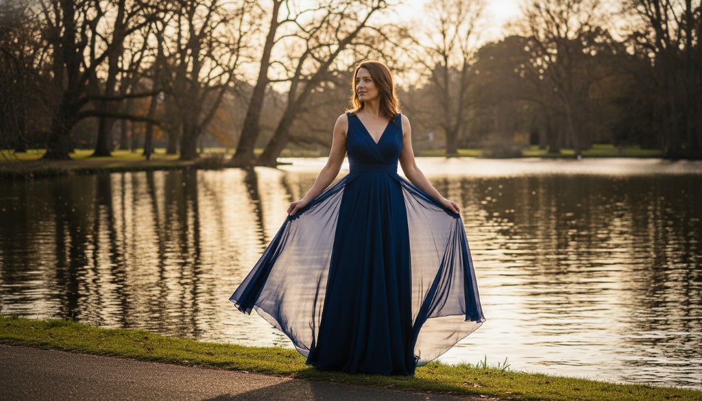 An ethereal fine art portrait of a woman standing gracefully amidst the blooming gardens of Rippon Lea Estate in Elsternwick, bathed in soft, golden hour light, representing timeless Elsternwick fine art photography portraits.