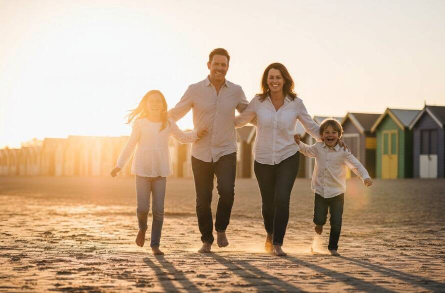 A joyous family of four captured in a candid, sun-drenched epic moment, laughing together in front of the colourful timeless family photography Brighton bathing boxes at sunset, reflecting authentic connection.